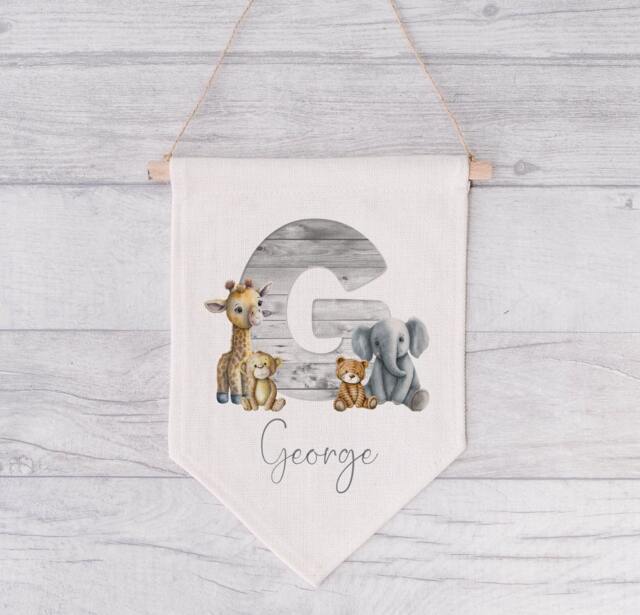Personalised Safari/Jungle Wall Hanging, Linen Pennant Flag For Nursery Or Child's Bedroom, Name Sign, Decor