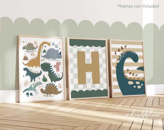 Set Of 3 Personalised Dinosaur Posters, Dino Chart & Initial Prints, Boy Bedroom Decor - image 1