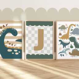 Set Of 3 Personalised Dinosaur Posters, Dino Chart & Initial Prints, Boy Bedroom Decor - thumbnail 2