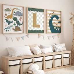 Set Of 3 Personalised Dinosaur Posters, Dino Chart & Initial Prints, Boy Bedroom Decor - thumbnail 3