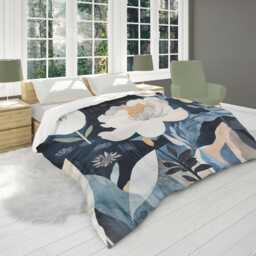 Dark Blue Moody Floral Comforter, Whimsical Abstract Flowers Garden Bedding, Botanical Bedding Gift For Eclectic Bedroom Decor #239 - thumbnail 3