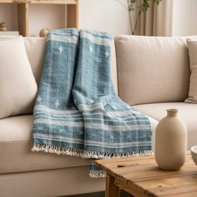 Teal Blue Indian Wool Throw Blanket, Handwoven Couch Coverlet With Geometric Bedroom Layer - Topas - image 1