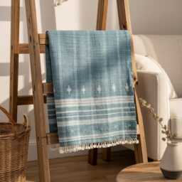Teal Blue Indian Wool Throw Blanket, Handwoven Couch Coverlet With Geometric Bedroom Layer - Topas - thumbnail 3