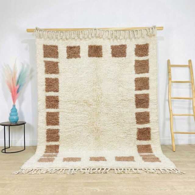 Cream Moroccan Rug With Brown Border, Square Pattern Berber Rug, Shag Large Area Neutral Wool Decor - image 1