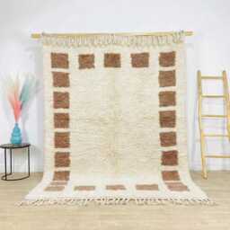 Cream Moroccan Rug With Brown Border, Square Pattern Berber Rug, Shag Large Area Neutral Wool Decor - thumbnail 1