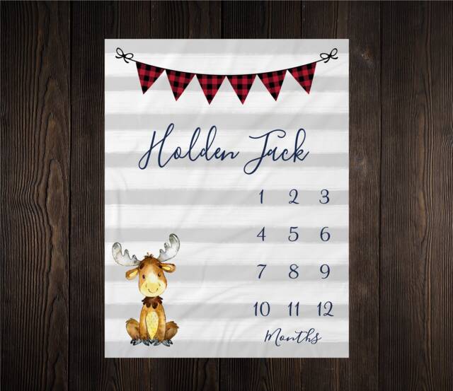 Moose Milestone Blanket Month Baby Growth Tracker Fleece Shower Gift Newborn Minky Boy Rustic Nursery - image 1