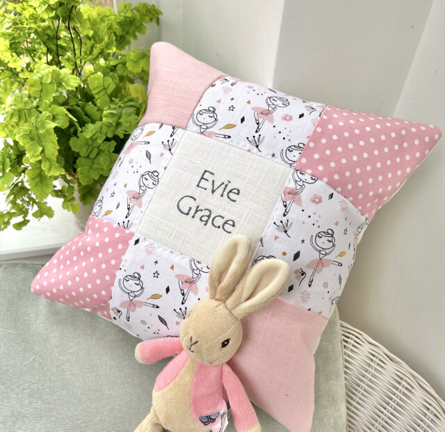 Ballerina Name & Date Cushion, Cushion, Embroidered Personalised Nursery Decor, Pink Girls Gift - image 1