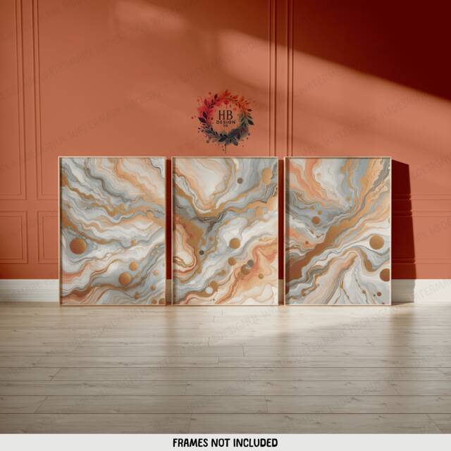 Peach & Gold Fluid Print Set - Living Room Wall Art - Home Decor Of 3 Prints Colourful Liquid Artwork Modern Ink Poster - image 1