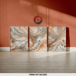 Peach & Gold Fluid Print Set - Living Room Wall Art - Home Decor Of 3 Prints Colourful Liquid Artwork Modern Ink Poster