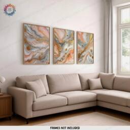 Peach & Gold Fluid Print Set - Living Room Wall Art - Home Decor Of 3 Prints Colourful Liquid Artwork Modern Ink Poster - thumbnail 2