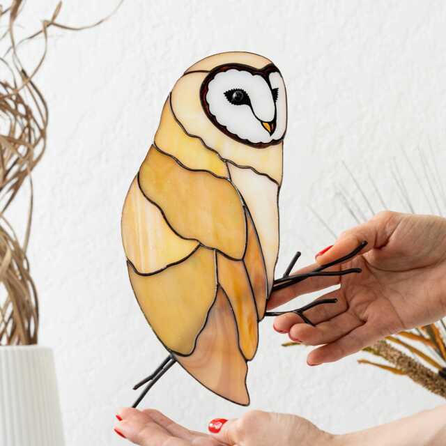 stained Glass Barn Owl Wall Hanging Owl Gift Woodland Animal Decor Farmhouse Neutral Art Bird Lover Sculpture - image 1