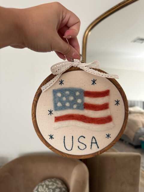 Handmade Usa Flag Needle Felt Hoop Art - 4Th Of July Patriotic Decor, Americana Nursery Wall Hanging, Red White & Blue Embroidery Gift