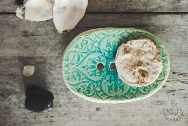 Blue Ceramic Soap Dish With Drain - Handmade Pottery Sponge Holder