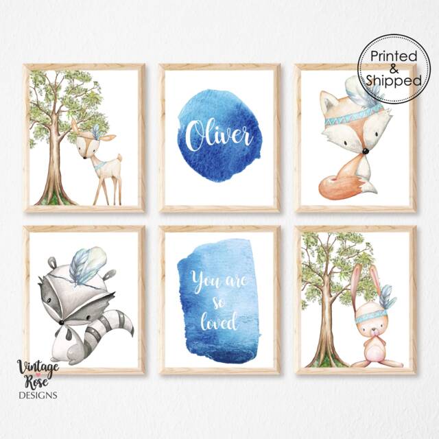 Woodland Nursery Decor, Boys Room, Blue Nursery, Animals Prints, Wall Art, Watercolour Animals, Creatures, Baby Boy - image 1