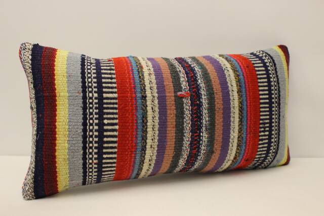 Vintage Wool Kilim Lumbar Pillow, Bohemian Cushion Cover - 12x24 - image 1