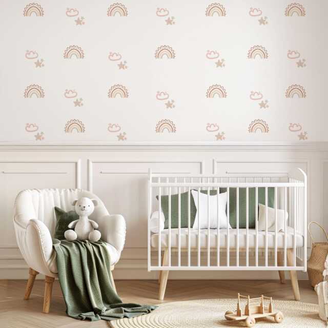 Boho Rainbow Wall Decals For Nursery, Neutral Nursery Stickers, Pink Beige Decor, Cloud Star Baby Room - image 1