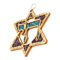 Matiel Beautiful Wood Star Of David Chai/???? Live Wall Hanging Home Decor Decorated with Gemstones, Amethyst & Turquoise For Protection Bless - thumbnail 2