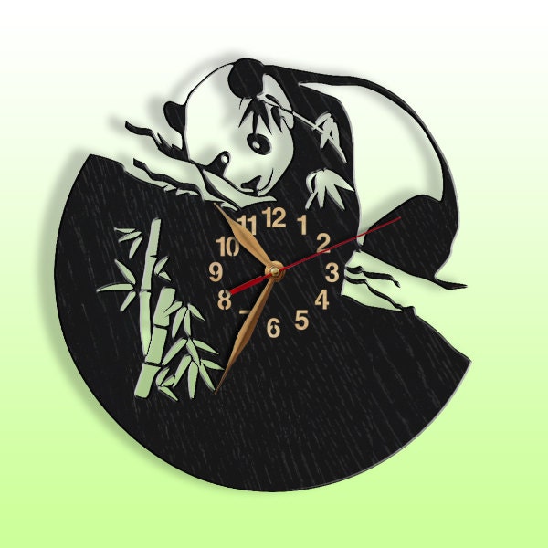 Panda Bear Wall Clock Big Wood Non-Ticking Large 12-18Inch, Animals, Wild Nature, Decor Playroom
