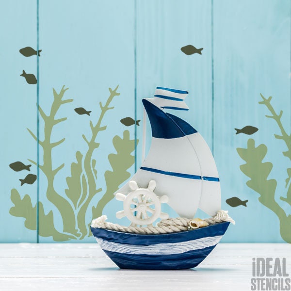 Seaweed & Fish Stencil Nautical Wall Decor, Furniture Painting - image 1