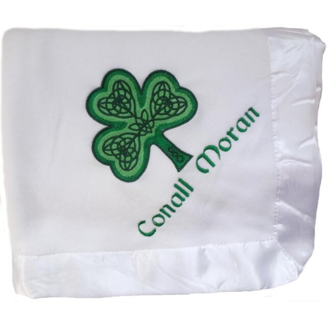 Satin Edged Microfleece Baby Blanket With Elaborate Shamrock Embroidery & Child's Name Or Monogram