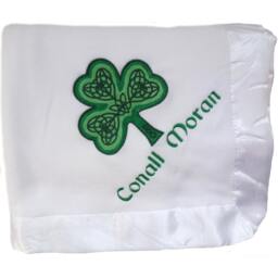 Satin Edged Microfleece Baby Blanket With Elaborate Shamrock Embroidery & Child's Name Or Monogram