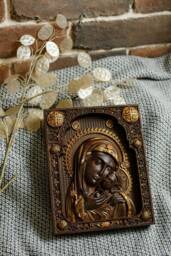 Engraved Virgin Mary Oak Wood Icon Religious Wall Art, Tax Free - thumbnail 1