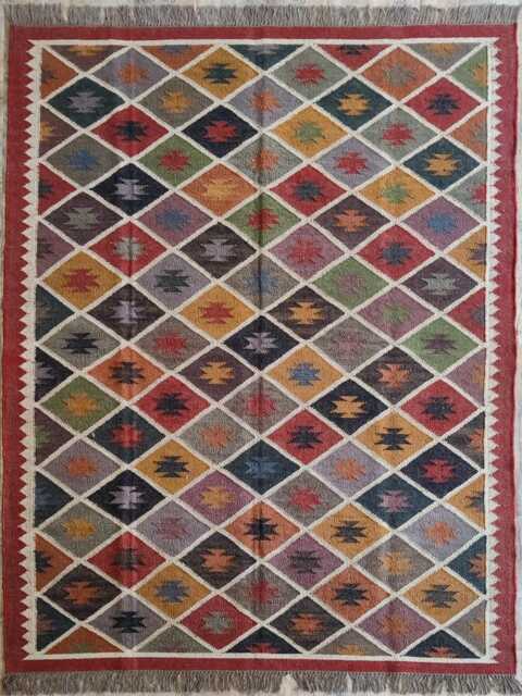 Handwoven Wool Jute Flatweave Rug - Red & Beige Tribal Striped Kilim Carpet - image 1