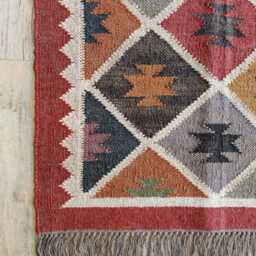 Handwoven Wool Jute Flatweave Rug - Red & Beige Tribal Striped Kilim Carpet - thumbnail 3