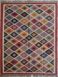 Handwoven Wool Jute Flatweave Rug - Red & Beige Tribal Striped Kilim Carpet - thumbnail 1