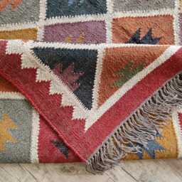 Handwoven Wool Jute Flatweave Rug - Red & Beige Tribal Striped Kilim Carpet - thumbnail 4