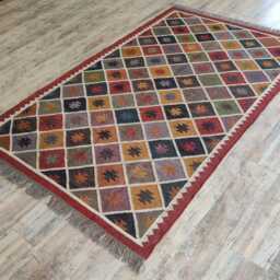 Handwoven Wool Jute Flatweave Rug - Red & Beige Tribal Striped Kilim Carpet - thumbnail 2