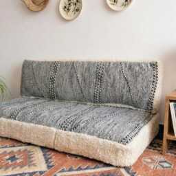 Boho Style Handmade Cotton & Wool Moroccan Floor Couch Cover Set - Black White Set Customization Available - thumbnail 2
