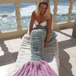 Mermaid Tail Blanket, Ready To Ship, Fin Blue Pink Kids Adult Blanket - thumbnail 3