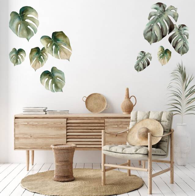 Wall Decal Set - 9Pk Monstera Leaf Wall Decals Nursery Decal Bedroom Watercolour Stickers By Dizzy Duck - image 1