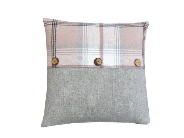 Balmoral Pink Tartan Plaid Tweed Cushion Cover With Coconut Buttons - image 1