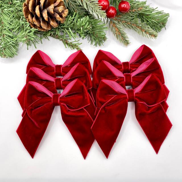 Deep Red Velvet Christmas Tree Bows, 4 Inch Tied Tie On Sr239 - image 1