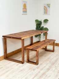 Arton // Rustic Live Edge Dining Table & Bench With Pine Square Legs - thumbnail 1