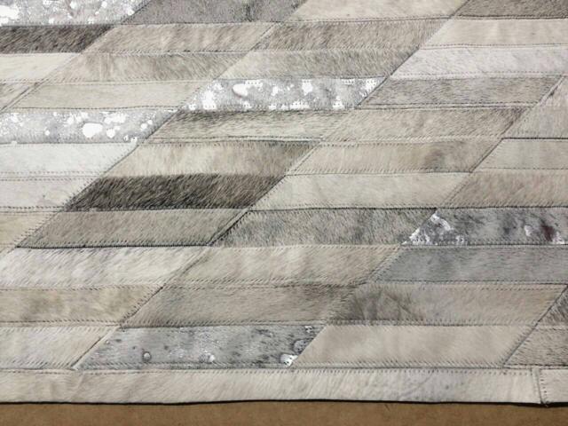 Patchwork Cowhide Rug, Model Lima 06, Mix Of Whites, Greys & Metallic Silver Accents, 5'x7' - image 1