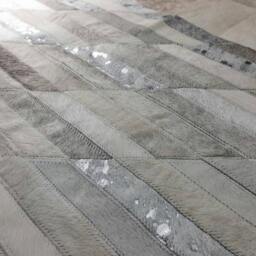 Patchwork Cowhide Rug, Model Lima 06, Mix Of Whites, Greys & Metallic Silver Accents, 5'x7' - thumbnail 2