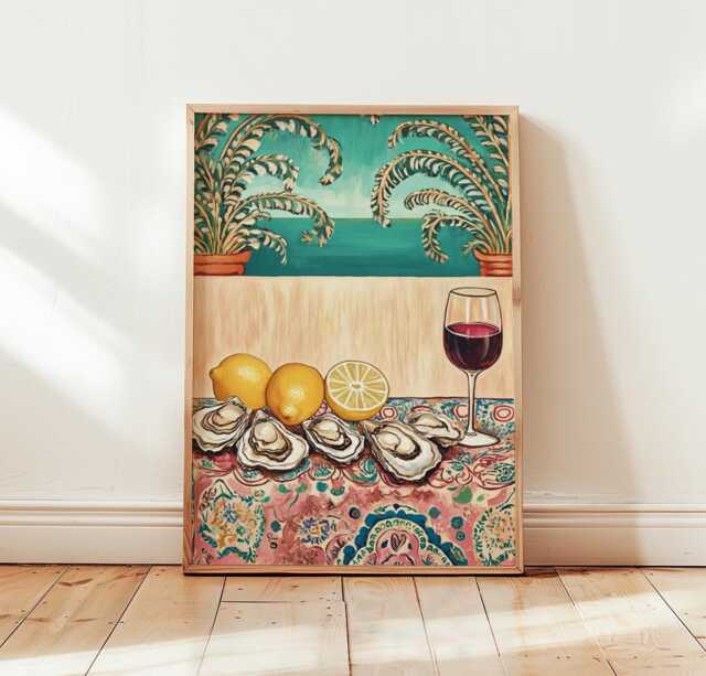 Oyster & Wine Poster, Mediterranean Coastal Print, Kitchen Wall Art - image 1