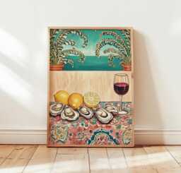 Oyster & Wine Poster, Mediterranean Coastal Print, Kitchen Wall Art - thumbnail 1