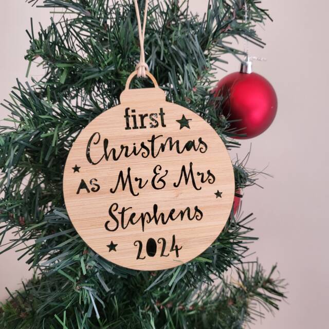 Personalised First Christmas Bauble As Mr & Mrs Decoration-Ornament-Christmas Tree-Gift-Christmas Gift-Wooden-Gift-Kris Kringle-Gift - image 1