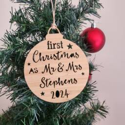 Personalised First Christmas Bauble As Mr & Mrs Decoration-Ornament-Christmas Tree-Gift-Christmas Gift-Wooden-Gift-Kris Kringle-Gift - thumbnail 1