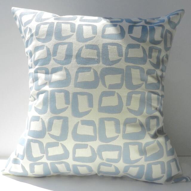 New 18x18 Inch Designer Handmade Pillow Cases in Blue & Grey On Cream Graphic Pattern