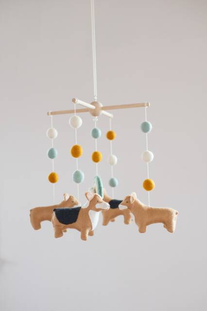 Corgi Baby Mobile Handmade Wool Felt Rainbow Nursery Decor - image 1