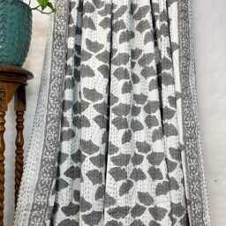 Kantha Stitch Pure Cotton Reversible Bed/Sofa Throw King Size - Handmade Handprinted Country Dohar Elegant White Grey Ginkgo Leaf Petal - thumbnail 2