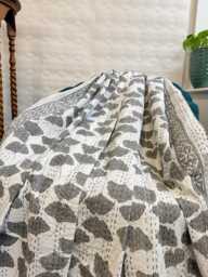 Kantha Stitch Pure Cotton Reversible Bed/Sofa Throw King Size - Handmade Handprinted Country Dohar Elegant White Grey Ginkgo Leaf Petal