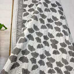 Kantha Stitch Pure Cotton Reversible Bed/Sofa Throw King Size - Handmade Handprinted Country Dohar Elegant White Grey Ginkgo Leaf Petal - thumbnail 3