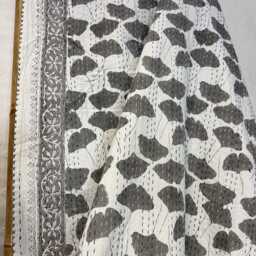 Kantha Stitch Pure Cotton Reversible Bed/Sofa Throw King Size - Handmade Handprinted Country Dohar Elegant White Grey Ginkgo Leaf Petal - thumbnail 4