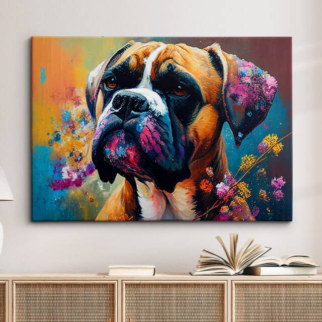 Boxer With Flowers Dog Pet Abstract Modern Oil Painting Wall Art, Framed Canvas Poster Print, Home Kitchen Office Room Decor, Gifts - image 1